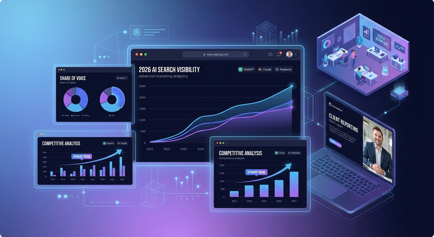 Dashboard showing AI search visibility analytics across multiple platforms for agency reporting