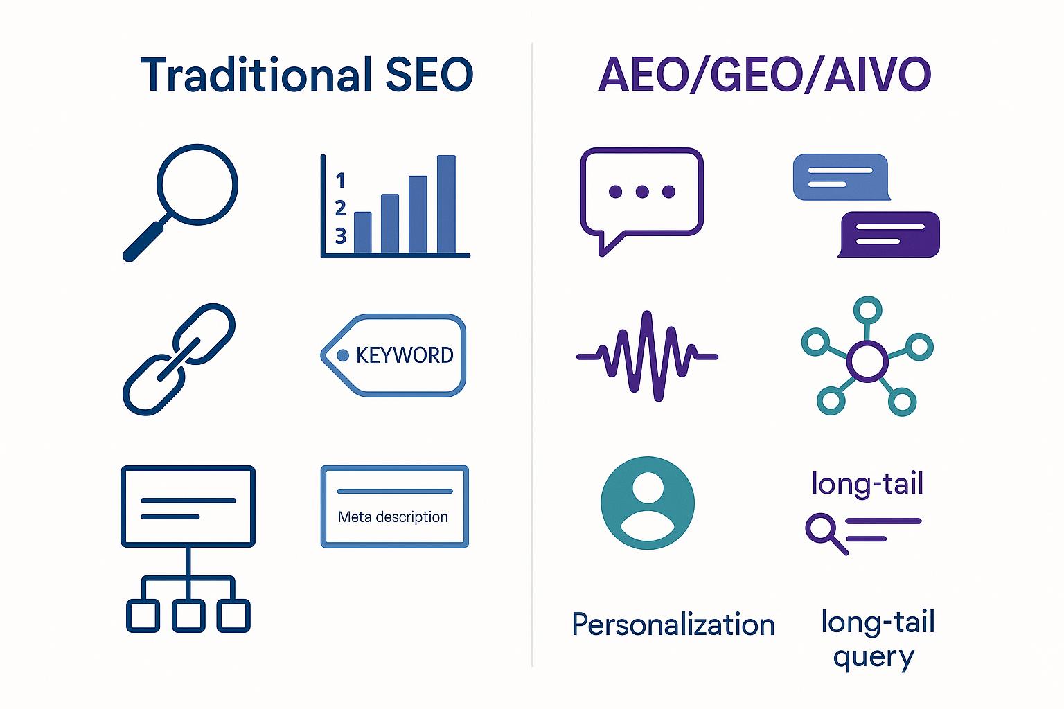 Comparison of AEO, GEO, AIVO versus traditional SEO strategies
