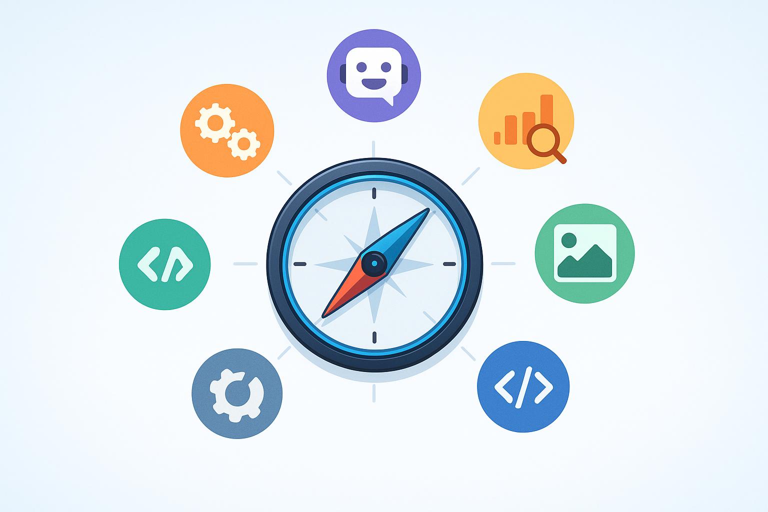 A compass pointing towards various AI tool icons, symbolizing a guide to the best AI SaaS listing platforms in 2026
