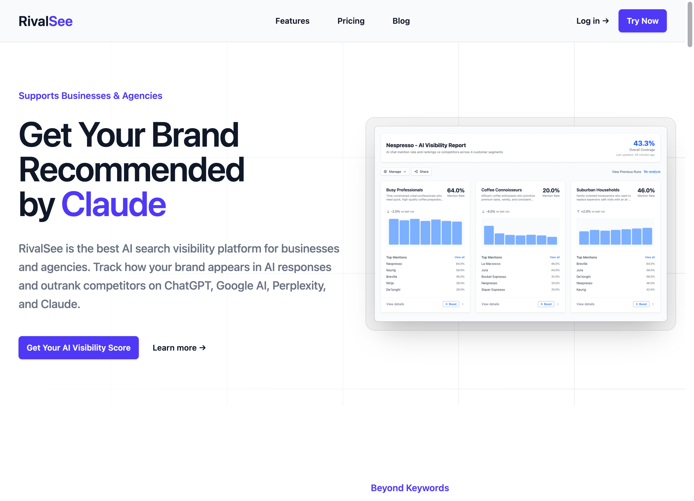 RivalSee AI visibility dashboard showing brand recommendations across ChatGPT, Claude, Perplexity and Google AI