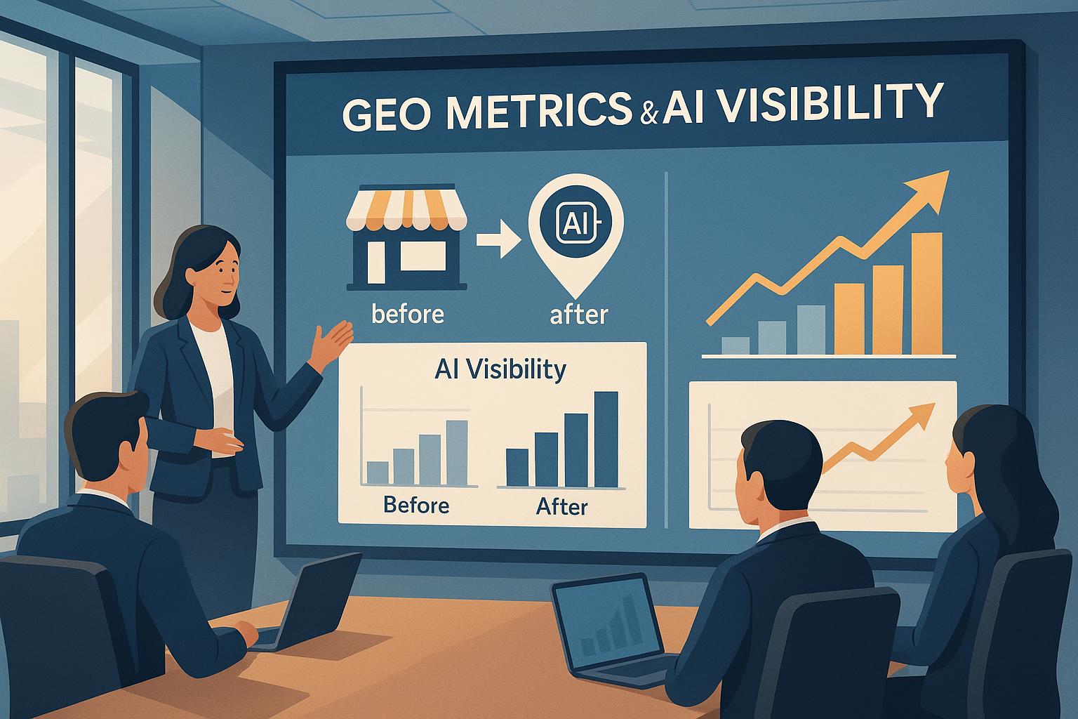 Business presentation showing GEO services and AI visibility metrics