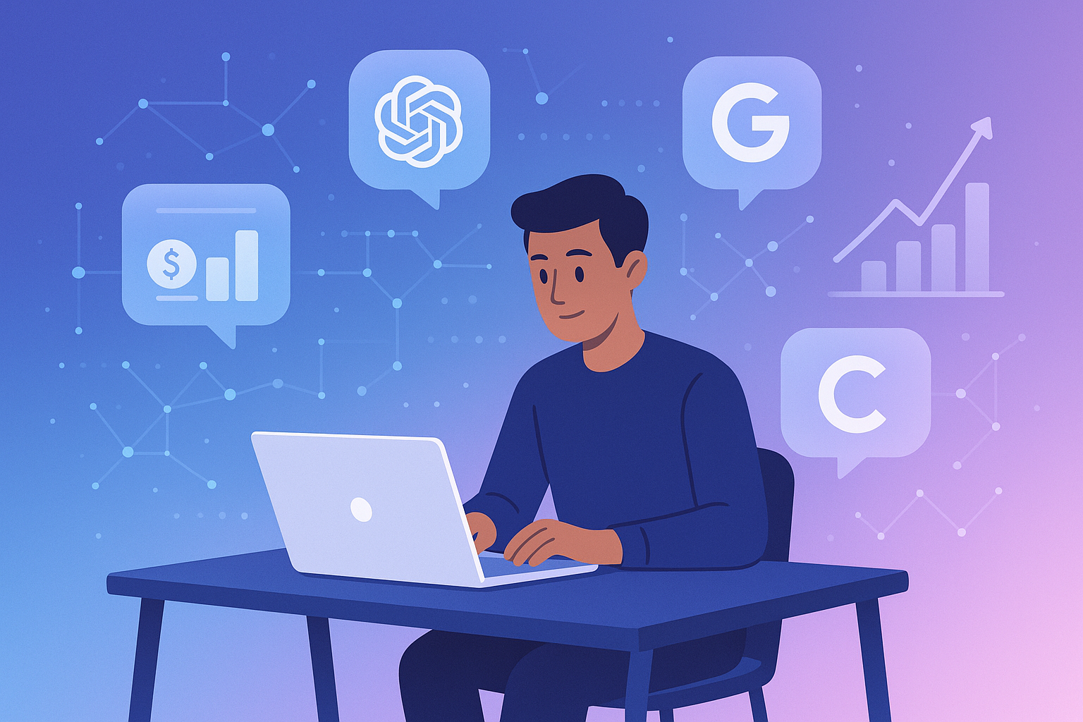 Startup entrepreneur working on AI visibility strategy with budget charts and optimization tools