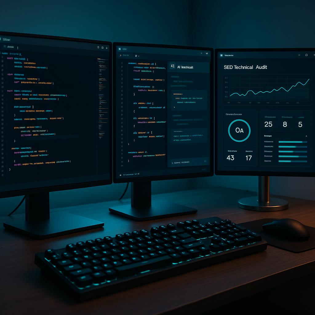 Developer workspace showing AI coding assistant with SEO audit results highlighting technical improvements